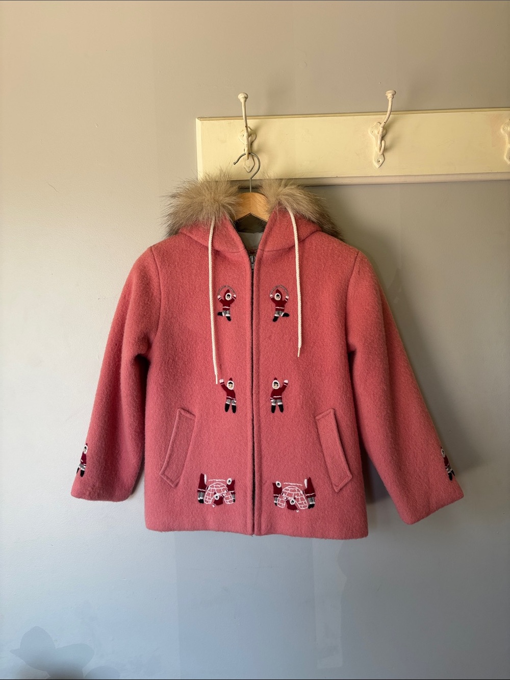 Vintage Pink Boiled Wool Hooded Kids Coat Real Fur Collar Trim 6/8